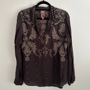 Johnny Was Brown Embroidered Blouse
